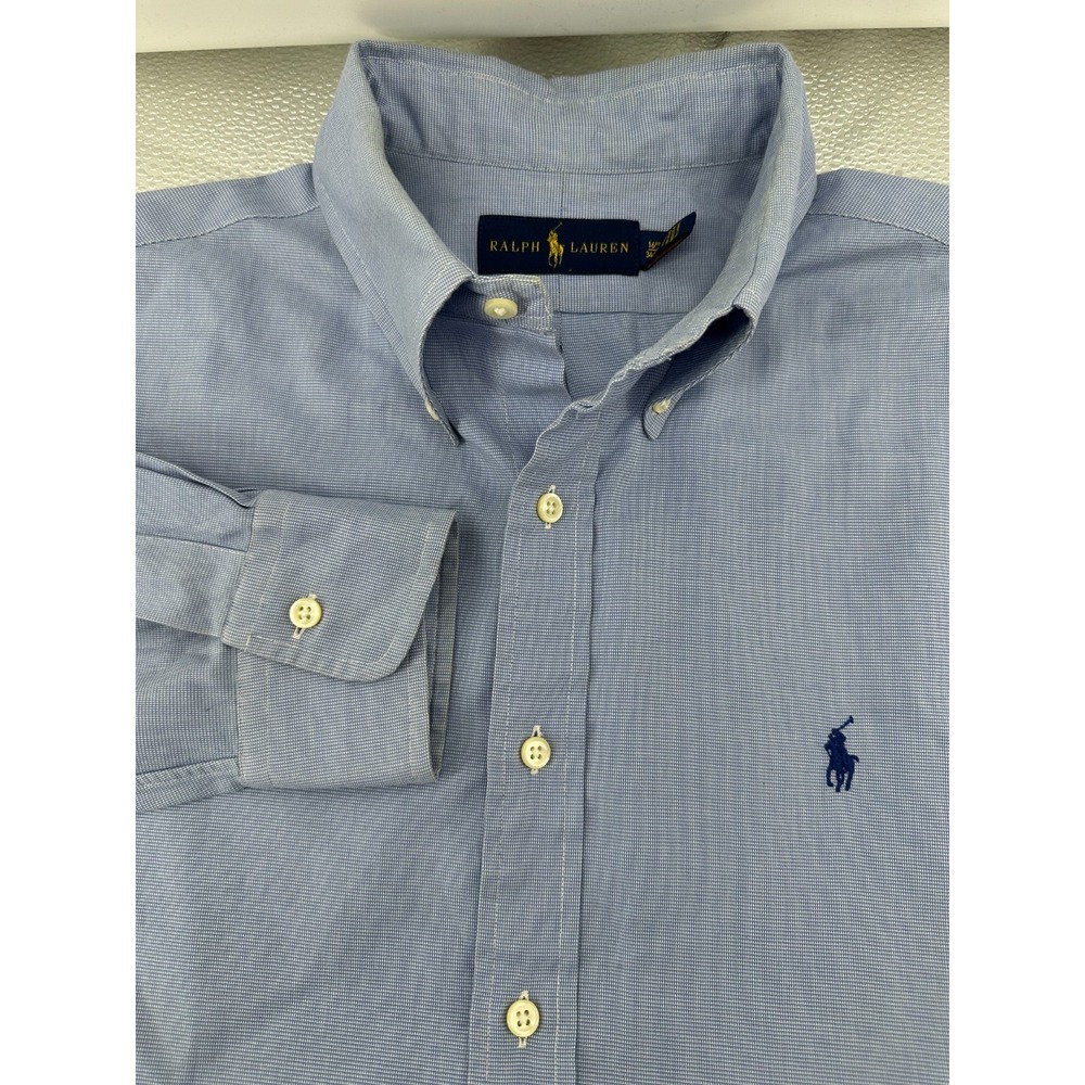 Ralph Lauren Shirt Mens 16 1/2 Blue White Gingham Check LS Button Down Blue Pony